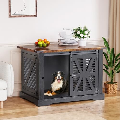 Hundebox, Hundekäfig für Zuhause, XL-Größe, Geeignet für Mittelgroße und Große Hunde, Verstärkt, um Bisse und Flucht zu Verhindern, 3-Türiges Design, Hundehütte Holz Indoor, 100×63×70 cm, Schwarz