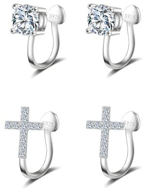 Hinvan 2 Paare 925 Silber Ohrringe Clips für Damen Herren Mädchen Kinder Männer, Zirkonia Kreuz Ohrringe Herren Clip Diamant Ohrclips Damen Ohne Ohrlöcher