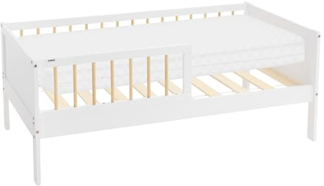 ML-Design Lit d'enfant Simple avec Matelas 70x140 cm, Blanc-Naturel, en Bois de Pin, avec Sommier à Lattes et Protection Contre Les Chutes, Cadre de Lit pour Garçons & Filles, Matériel de Montage