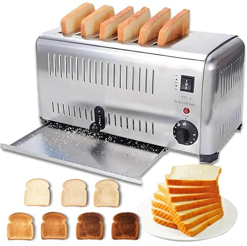 Commercial 6-Slices Toaster, 3240W Stainless Steel with 5 Browning Levels, Auto Pop-Up & Removable Crumb Tray, Heavy Duty Bread Toaster for Home, Restaurant, Hotel, Bakery