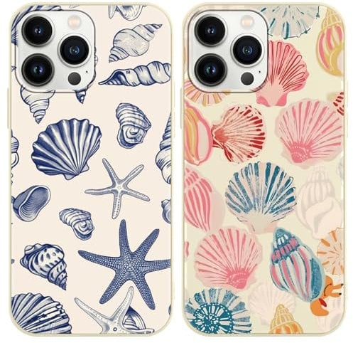 Phoona 2 Pack Cute Case for iPhone 13 Pro Max 6.7, Beach Blue Pink Ocean Seashell Aesthetic Preppy Summer Girly Design Pattern for Girls Women, Slim Soft Silicone Shockproof Bumper Protector Cover