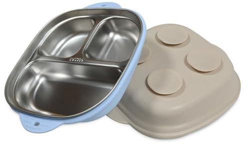 ALLILUYAA 2 Stück Baby Teller mit Saugnapf, Edelstahlteller Baby Saugnapf aus Essbarem Silikon Hergestellt, Kinderteller Geeignet für Säuglinge Kinder(Hellbraun/Blau)