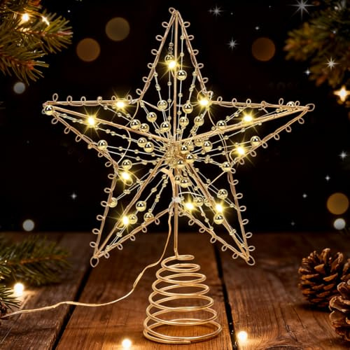 Christbaumspitze Stern, 25cm Gold Weihnachtsbaumspitze Stern, Tannenbaum Spitze, LED-Lichter Spitze Weihnachtsbaum, Beleuchteter Weihnachtsbaum Topper für Tannenbaum & Weihnachtsbaum Heimdekoration