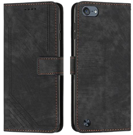 OWSIHNZBF Handyhülle im Business-Stil Kompatibel mit iPod Touch 7 (2019) – 6 5, Handgelenkschlaufe, Handyhülle, Brieftasche, Flip-Handyhülle, Kartensteckplatz, Flip-Cover, kompatibel(Black)