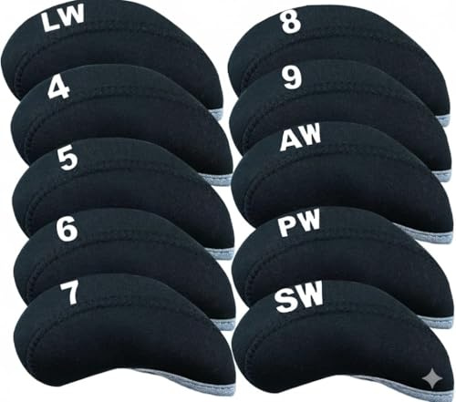 Premium Universal Neoprene Golf Iron Head Covers – 10-Pack Black Numbered Set with Secure Closure, Compatible with All Brands 4, 5, 6, 7, 8, 9, PW, AW, SW, LW Covers