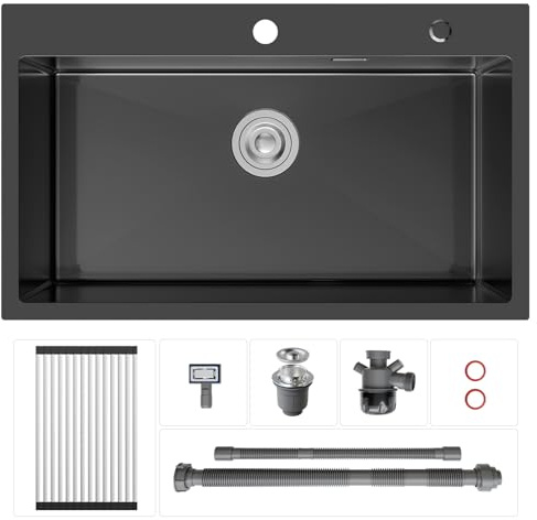 CECIPA Lavello Nero Acciaio Inox 75 x 45 cm, Lavandino Cucina 1 Vasca Nero | Lavello Cucina 1 Vasca con Tenda a Rullo Scarico, per Mobile di lunghezza 80cm, con Sifone e Scarico