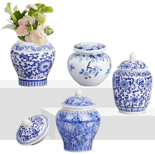 UNICRAFTALE 4 Stk Keramik Ingwertöpfe Set, Chinoiserie Deko für Zuhause | Blau und Weiß Porzellan,mit passendem Deckel,4 verschiedene Größen,9,35x13cm,9,3x8,9cm,8,45x13cm,9,3x13,6cm