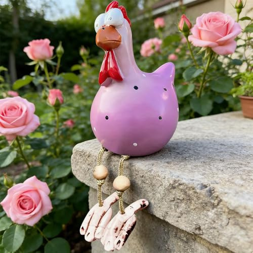 HIULLEN Keramik Huhn Gartendeko,Huhn Deko Garten Handarbeit Gartenstecker, Hahn Gartenstatue Henne, Hühner Gartenfigur Harz Gartendekoration für Terrasse, Garten (Rosa)