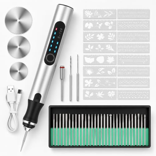 VOBOR Kabelloser Wiederaufladbarer Gravierstift mit 35 Bits, USB Ladung, Tragbarer DIY Rotary Gravierer für Schmuck, Holz, Glas, Metall, Stein, Kunststoff & Keramik