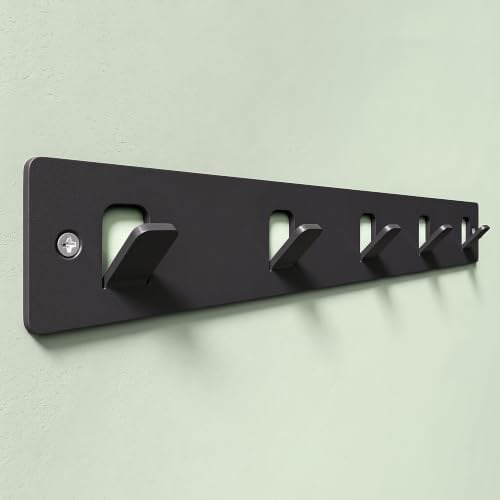 Mai & Mai Garderobenleiste mit 5 Kleiderhaken Wandgarderobe 40cm Schwarz | Hakenleiste zum Bohren oder Kleben, Garderobenhaken Wandhaken für Bad Küche Flur Schlafzimmer, Stalo-14