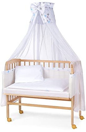 WALDIN Beistellbett mit Matratze und Stoffen, höhen-verstellbar, 16 Modelle wählbar, Buche Massiv-Holz natur unbehandelt,Große Liegefläche 90x55cm,Sterne/rosa
