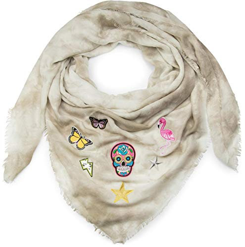 styleBREAKER XXL Vierecktuch in Vintage Batik Optik mit Patches, Totenkopf, Flamingo, Sterne, Schmetterlinge, Pailletten, Schal, Tuch, Damen 01016143, Farbe:Braun
