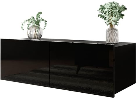 Mirjan24 TV Schrank Calabrini 100 BR03, TV Lowboard mit Grifflose Öffnen, Fernsehschrank Hängeschrank Hochglanz Matt Wohnwand (Schwarz/Schwarz Hochglanz)