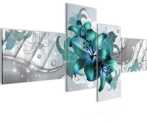 Runa Art Bild Modern Blumen Lilien - Made in Germany - Wandbilder Abstrakt Türkis 4 Teilig 017342a