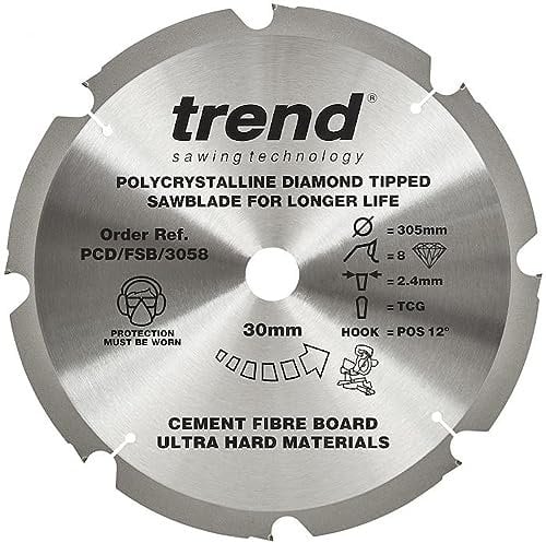 Trend PCD Fibre Cement Circular Saw Blade, 305mm Diameter, 30mm Bore, 8 Teeth, 2.4mm Kerf, +12° Hook, PCD, Coarse Finish, PCD/FSB/3058