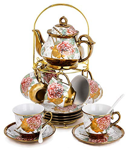 DaGiBayCn - Juego de té de cerámica europea de 20 piezas, set de té de porcelana con soporte de metal, juego de té de flores con pintura de rosa roja, 160 ml/taza, 460 ml (versión grande)
