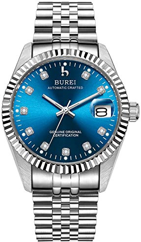 BUREI 38mm Automatik Uhr Herren Luxus Diamant Armbanduhr für Männer Mit Saphirglas Datumskalender (Marineblau und Silber)