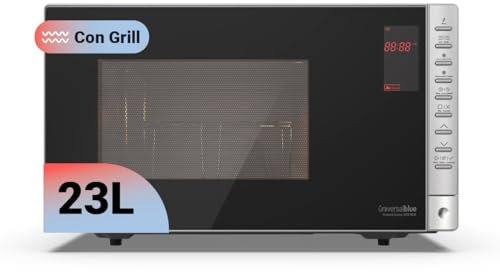 UNIVERSALBLUE Microondas 23 Litros Cristal Negro con Grill de 1000W | Potencia 800W y 5 Niveles Funcionamiento | Temporizador | Bloqueo Infantil | Panel Digital y Control Electrónico