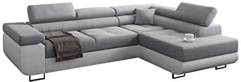 Miami Ecksofa Schlaffunktion, Eckcouch mit Bettkasten, Schlafsofa mit bettfunktion, L Form Couch, Ecksofa mit Bettkasten, Ottomane Rechts, 272 x 203 cm (Hellgrau + Weißer Kunstleder -EKO)