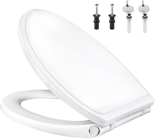 Universal Elongated Toilet Seat Quiet-Close Cover(Oval), Metal Toilet Bolts | White, One-Click Quick Release, Elongated Toilet Seat Replacement with Toilet Bumpers, Compatible with TOTO, Gerber, Kohler