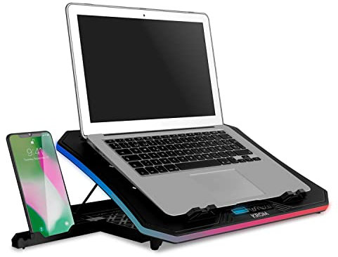 KROM KOOLER -NXKROMKOOLER- Base refrigeradora para portátiles hasta 19, 6 Ventiladores, RGB, Soporte para Smartphones, Display LCD y HUB USB, Color Negro