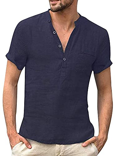 Men's Linen T-Shirt Pure Cotton Buttoned Short Sleeve Shirt Navy L