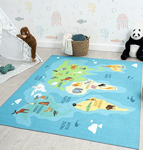 the carpet Happy Life Kinderzimmer, Kinderteppich, Spielteppich, Waschbar, Weltkarte, Erde, Tiere, Blau, 160 x 220 cm