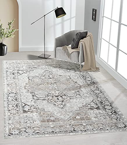 the carpet Elira Teppich, Flachgewebe, Robust, Modernes Design, Vintage Optik, Used Look, Superflach, Baumwollrücken, waschbar, Orientalisch, Grau, ca. 140 x 200 cm
