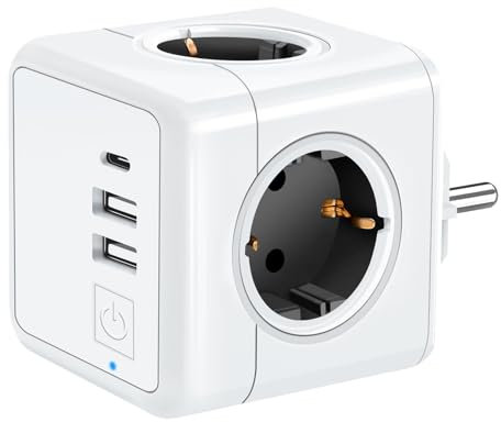 Enchufe USB Cubo 3680W Ladron Moderno con 4 Tomas de CA, 2 Puertos USB y USB C, Cargador Multiple de Pared con Interruptor para Hogar Oficina Viajes