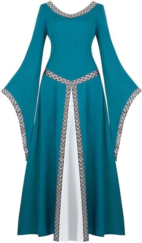 Jutrisujo Mittelalter Kleid mit Trompetenärmel Party Kostüm Maxikleid Vintage Retro Renaissance Johanna Night Damen Blau L