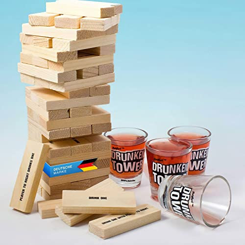 GOODS+GADGETS Party Trinkspiel Drunken-Tower Tippy Gesellschaftsspiel für Erwachsene Saufspiel der Stapelspiel Klassiker als Partyspiel mit Shot-Gläser