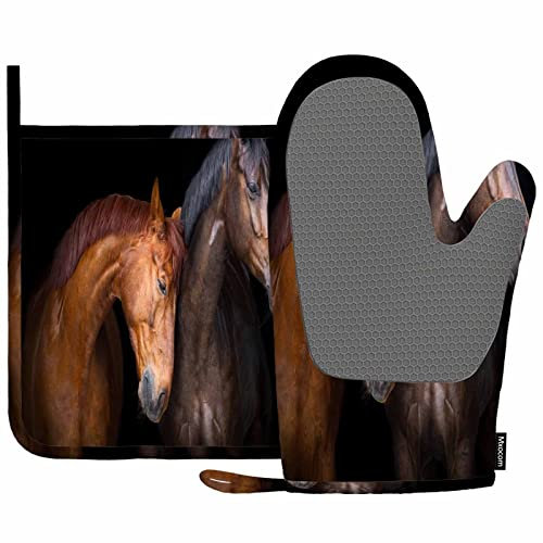 Mxocom Two Horse Head on Black Oven Mitts and Pot Holders Sets Brown Farm Animal Bay Horse Portrait Sad Face Silicone Heat Resistant Kitchen Oven Gloves Pot Holder for Cooking