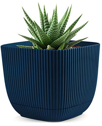Konzept 11 - Blumentopf klein 0,68 l mit Unterzetzer, quadratischer Übertopf 11 x 11 cm, Pflanzentopf für Zimmerpflanzen aus Kunststoff, Dunkelblau