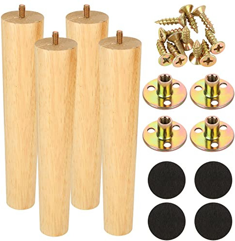 YOUNTHYE Lot de 4 pieds de meubles en bois de 25 cm avec tapis antidérapant, vis et plaque de montage - Pieds de rechange modernes pour canapé, ottoman, meuble TV
