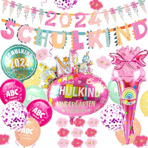 iZoeL SCHULKIND 2024 Deko Einschulung Mädchen: Girlande + Zuckertüten Girlande + Folienballon + 15 Luftballon + 16 Konfetti Schulanfang Schuleinführung Deko
