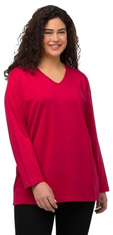 Ulla Popken Womenswear Plus Size Curvy Back to Basics Scollo a V T-Shirt in Cotone vestibilità Comoda 725334, Rosso, 20-22