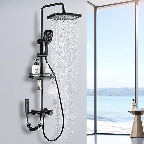Dnkelar Duschset, Duschsystem mit großer Regendusche, Handbrause, mit Höheverstellbarer Duschstange (LED Anzeige-Schwarz-9)