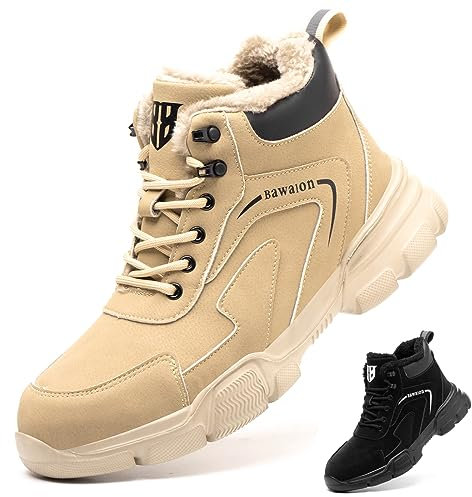 Bawalon Sicherheitsstiefel Herren Leicht Sicherheitsschuhe Herren Damen Wasserdicht Warme Gefüttert Arbeitsschuhe mit Stahlkappe Khaki-Fellfutter 40 EU