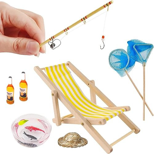 Super Idee Miniatur Angelrute Set 11er Set Angelstuhl Fischernetz Strohhut Fischschale mit Fischer Angeln Cake Topper Tortendekoration Miniatur Wichtel Zubehör Verzierungen für Wichteltüren Nissedor