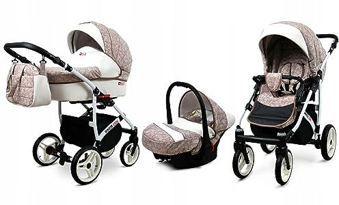 BabyLux® Bambimo Kinderwagen Set 3 in 1 - White Lux - incl. Babywanne, Buggy Sportsitz, Auto-Babyschale - Autositz - Kinderwagenset - Kombikinderwagen mit Wickeltasche, Regenschutz usw.