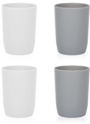 Plastic Cups Reusable Unbreakable Tumblers, Set of 4 Travel Mugs, Mouthwash Bathroom Cup Stackable, Plastic Water Cup 280ml for Adults Kids, Dishwasher & Microwave Safe (White & Grey)