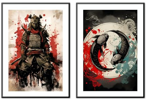 MJ-Graphics | Poster Set Japan Samurai Bushido Wohnzimmer & Schlafzimmer | 2x Din A3 300g Qualitätsdruck | Meditation Zen | Schwarz-Rot Wanddeko ohne Rahmen