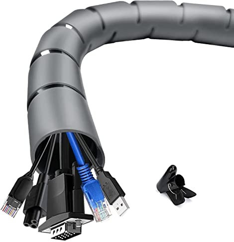 Shinfly 2 x 1,5m selbstschließender Kabelschlauch, Durchmesser 16mm/22mm, 3m Flexibler Kabelschutz mit 1 Kabelclip, Kabelmanagement für TV und Computer - Grau