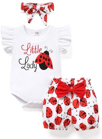 PATPAT Pagliaccetto Neonato Estivo Coordinati Femmina Cotone, Maglietta Corta + Pantaloncini + Fascia per Capelli, Body Tutina Neonato Femmina, Abbigliamento Vestiti Bambina 0-18 Mesi Regalo