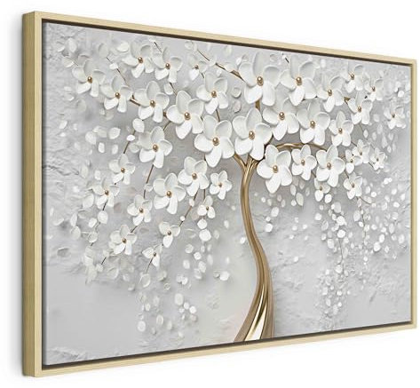 murando Bilder mit Rahmen 60x40 cm Wandbilder auf Leinwand groß Leinwandbild XXL natürlicher Holzrahmen moderne Wohnzimmer Schlafzimmer Wanddekoration Design Wand Deko mit Blumen Motiv weiß