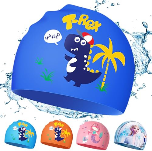 Dinosauro Cuffie da Nuoto per Bambini, Cuffia da Piscina Ragazzo in Silicone, Cuffia da Bagno Elastico Impermeabile Antiscivolo per Capelli Lunghi e Corti, Ragazzi Ragazze per età 3-12 anni