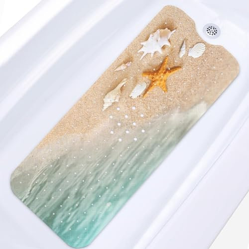 Culudea Badematte für Badewanne, Motiv: Seesternmuscheln, rutschfest, blaues Meer, Ozean, 101,6 x 40,6 cm, extra lang, Badewannenmatte für Badewanne, rutschfest, mit Saugnäpfen und Abflusslöchern, für
