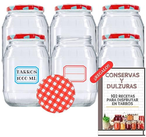 6 Tarros de Cristal de 1000ml con Tapas + Ebook con 102 Recetas para Conservas - Botes de 1 Litro con Tapa de Rosca - Cierre Hermético para Alimentos Caseros - Incluye Etiquetas (Tapas a Cuadros)