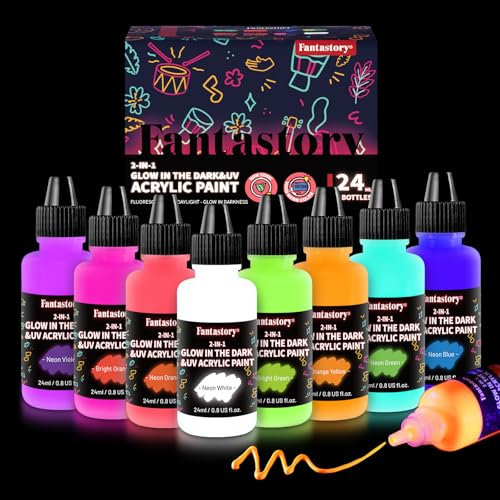 fantastory Halloween Glow in the Dark Paint,0.8ozX8,Neon Colors Glow Acrylic Paints,Waterproof Blacklight Paint for Outdoor Rock,Wood,Craft,Canva,Pumpkin,Holiday Decor,Adults[FluorescentSeries]