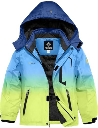 GEMYSE Jungen Wasserdichte Skijacke Winddichte Fleece Outdoor Winterjacke Regenjacke mit Kapuze(Blau-Gelber Farbverlauf,140-146)
